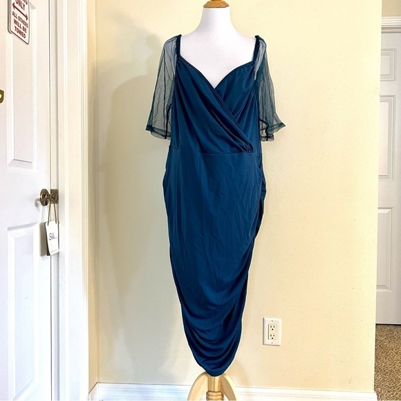 shein curve Plus NWOT women’s ruched mini dress size 4XL Teal Blue lace - Picture 1 of 5